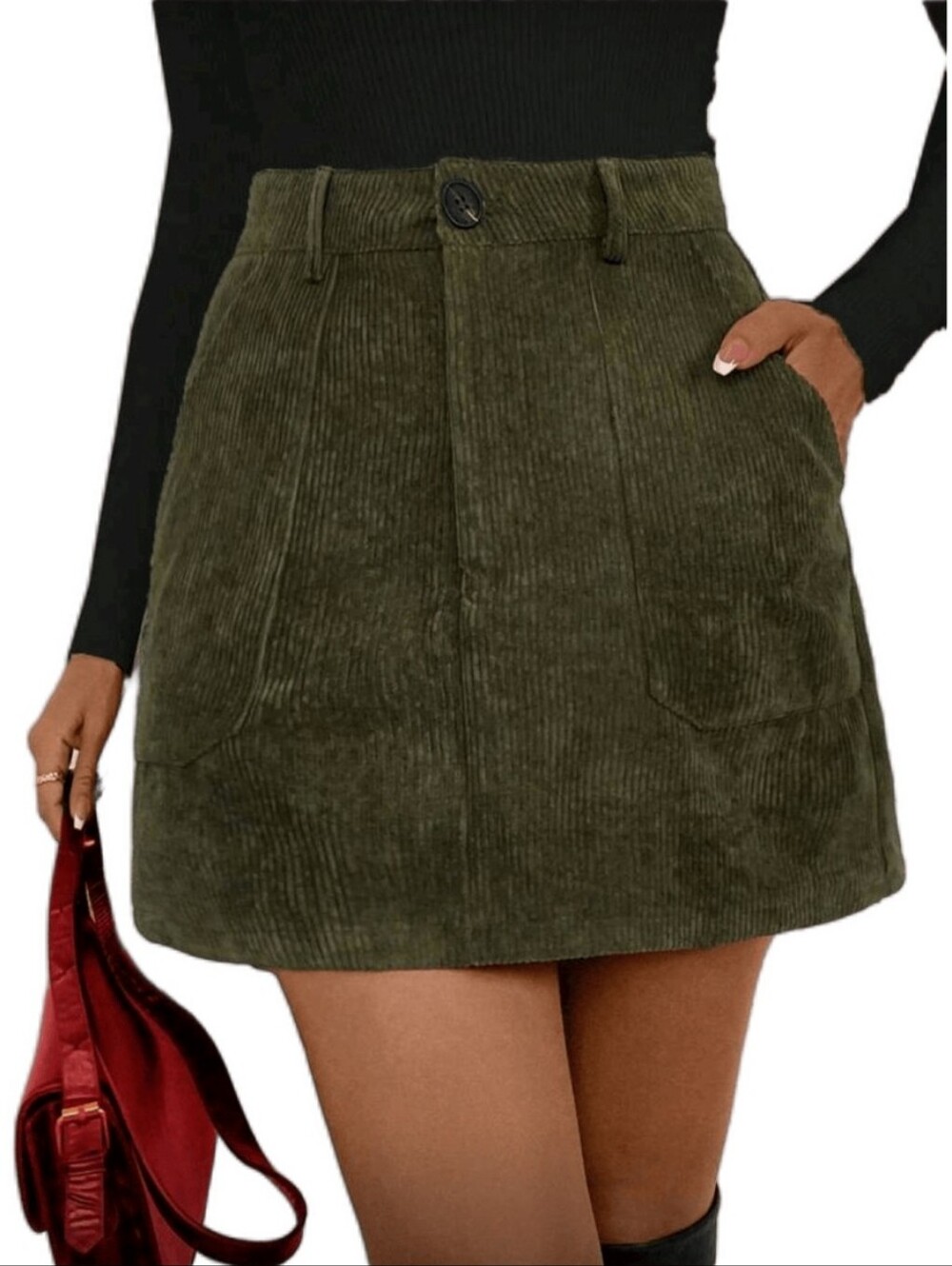 SHEIN Women’s Olive Green Corduroy Mini Skirt with Pockets